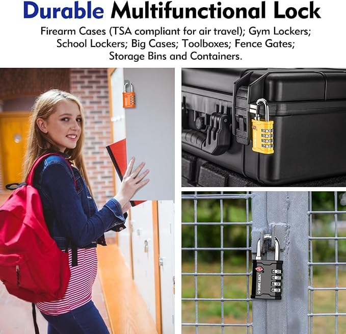 SURE LOCK TSA Approved 4 Digit Combination Lock, Heavy Duty Padlock with Red Dot Indicator for Gun Cases, Pelican Cases, Tool Boxes, Gym Lockers, Storage Units & Outdoor Gates (2, Orange) - Image 7