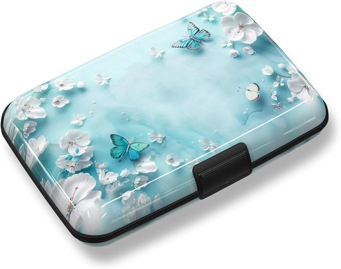 Credit Card Holder, Mini RFID Small Aluminum Card Wallet Business Card Case | Blocking Slim Metal RFID Blocking Front Pocket Wallet Hard Case Durable CC Holder for Women Girls, Green Teal Butterfly by ToLuLu