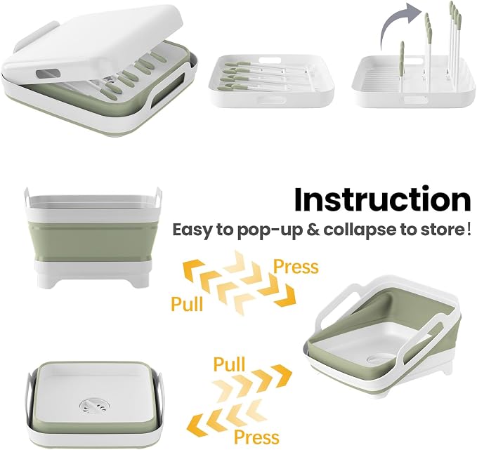Volnamal Collapsible Wash Basin with Drying Rack & Drain Plug (Green) | Portable 2.4 Gal Dish Tub, Foldable Basin for Baby Bottles, Vegetable, Camping Sink, Kitchen, RV, Camp, Outdoor Space-Saving - Image 5