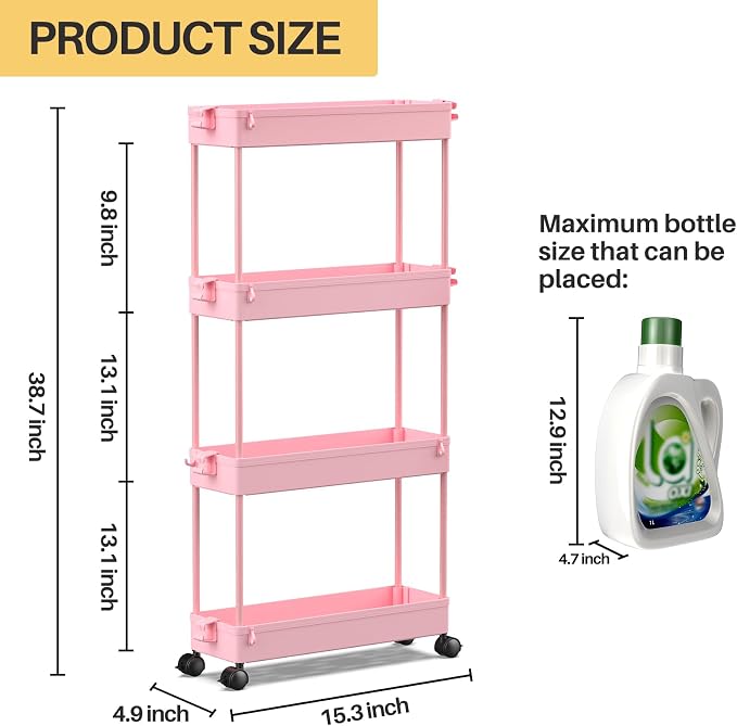SPACEKEEPER Slim Rolling Storage Cart, 4 Tier Bathroom Cart Organizer, Pink | Narrow Rolling Cart with Wheels for Kitchen Office Bathroom Laundry Room,Mobile Utility Cart for Craft Art Makeup Nail Polish - Image 4