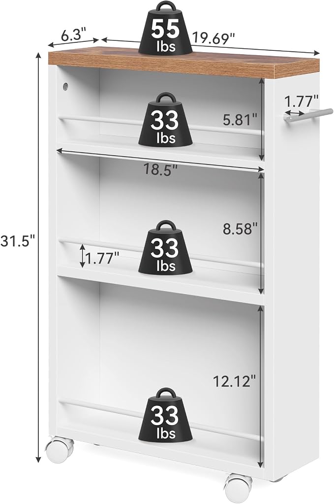 LITTLE TREE 4 Tier Rolling Cart with Wheels, 6.3 Inch Slim Storage Cart, Wooden Snack Cart with Narrow Shelf, White Laundry Room and Bathroom Organizer Shelves - Image 8