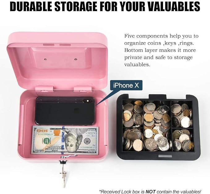 xydled Large Cash Box with Lock, Removable Coin Tray, Steel Money Box, Pink | Steel Cash Box with Key Lock, Removable Tray & Carry Handle, for Office, Retail, Home, and Money Storage, 9.8"x 7.8"x 3.5" - Image 5