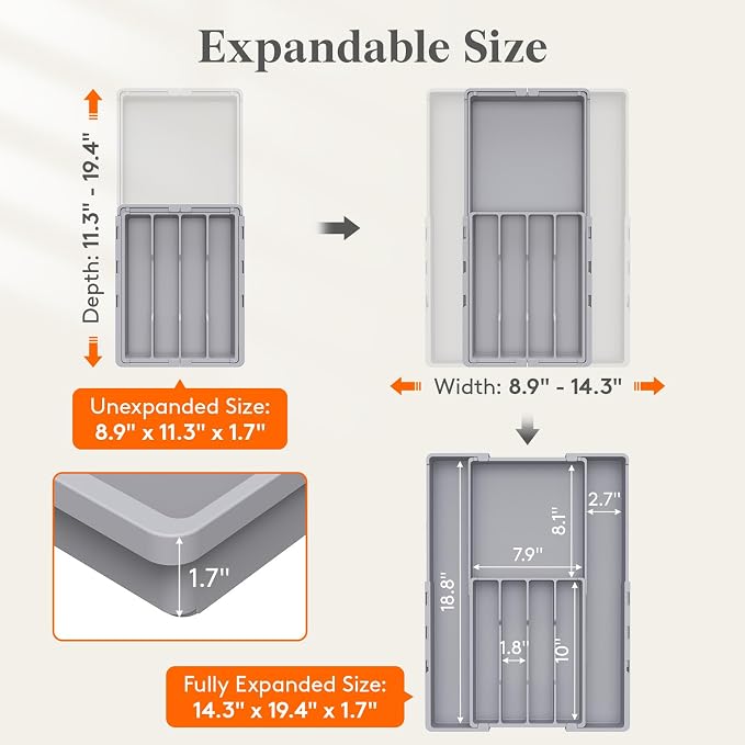Lifewit Expandable Silverware Drawer Organizer, Utensil Tray for Kitchen | BPA Free Flatware and Cutlery Holder, Adjustable Plastic Storage for Spoons Forks Knives, 8.9-14.2 x 11.3-19.4 x 1.7", Gray - Image 2