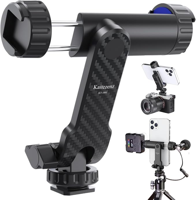 Kaitezenz Cell Phone Tripod Mount, Universal Tripod Phone Mount with 2 Cold Shoes, 360° Rotates 180° Tilts Camera Hot Shoe Phone Mount Smartphone Tripod Holder Adapter for iPhone Samsung All Phone by Kaitezenz