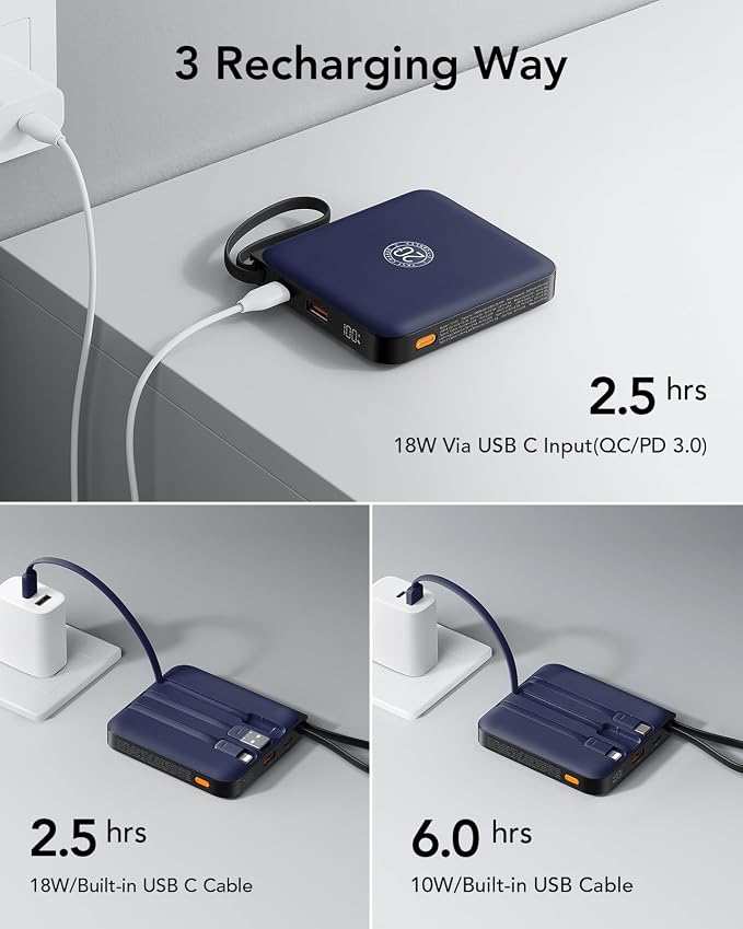 VRURC 10000mAh Portable Charger for iPhone with Built-in Cables | 22.5W Fast Charging Power Bank, LED Display, Compact Battery Pack for iPhone 17/16/15 Series, Samsung Galaxy Devices(Navy) - Image 6