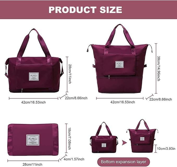 Large Capacity Folding Travel Bag, Lightweight Waterproof Luggage Bag, Expandable Travel Duffel Bag, Dry Wet Separated Gym Tote Bag, Weekender Overnight Bags for Women and Man (Fuchsia) - Image 3