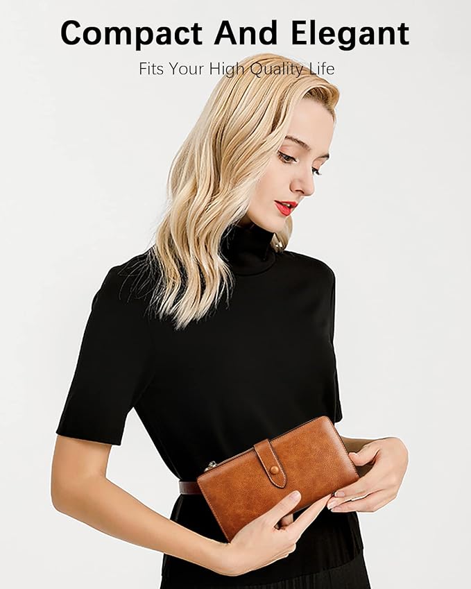BOSTANTEN Womens Leather Wallet RFID Large Capacity Credit Card Holder | 4 ID Windows, 16 Card Slots, Zipper Coin Pocket, Clutch Wallet, Long Bifold, Ladies Gifts, Brown - Image 4