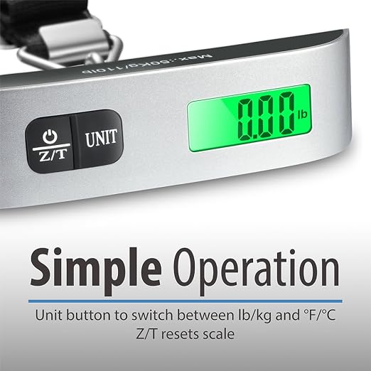Fosmon Digital Luggage Scale, 110lbs Suitcase Baggage Scale, 1 Pack Silver | LCD Backlight Display, Temperature Sensor, Tare Function, Stainless Steel Heavy Duty, Hanging Suitcase Scale - Image 6