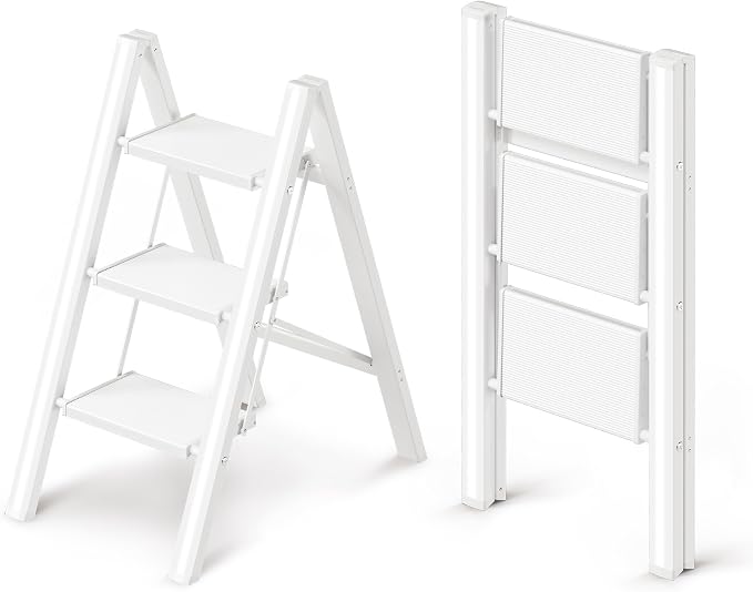 3 Step Ladder, Foldable Aluminum Step Stool with Anti-Slip Pedal | Lightweight yet Sturdy, Portable, Non Slip Feet, 300Lbs Capacity, Elegant Look, for Kitchen, Closet, Pantry, White by GameGem