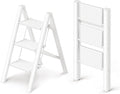 3 Step Ladder, Foldable Aluminum Step Stool with Anti-Slip Pedal | Lightweight yet Sturdy, Portable, Non Slip Feet, 300Lbs Capacity, Elegant Look, for Kitchen, Closet, Pantry, White by GameGem