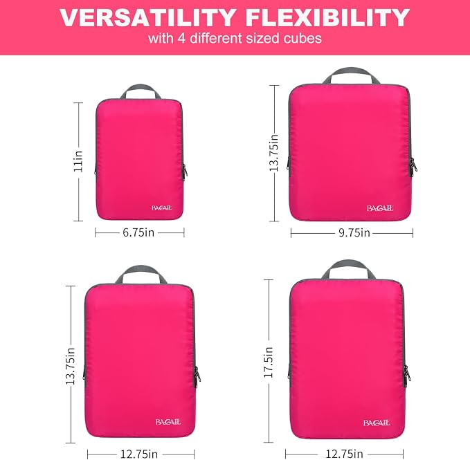 BAGAIL 4 Set/6 Set/8 Set Compression Packing Cubes Travel Accessories Expandable Packing Organizers (Cloth Pattern, 4-Fuchsia) - Image 2