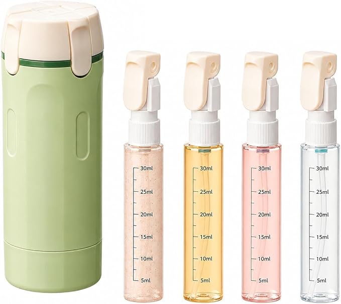 4 in 1 Travel Dispenser Bottle, Leak Proof Refillable Travel Toiletry Containers, Travel Bottles Set Meets TSA 3-1-1 Requirements for about 3 Days Business Trip (Per Person), 4 x 30ml, Green by PIQOLA