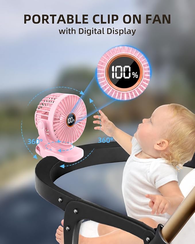 TUNISE Mini Clip on Fan, Battery Operated Desk Fan, Digital display，3 Speeds Adjustable, Bidirectional 360 ° Adjustable, Super Strong Wind, Portable Fan for Home, Office, Camping - Image 2