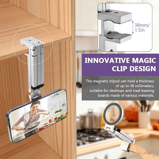 Magnetic Tripod for Phone,360° Rotating Phone Tripod Stand,Adjustable,Clipable,Foldable and Triangular Fixing Airplane Travel Essentials Phones Holder for Phones(Silver,Size:19 * 16cm) - Image 5