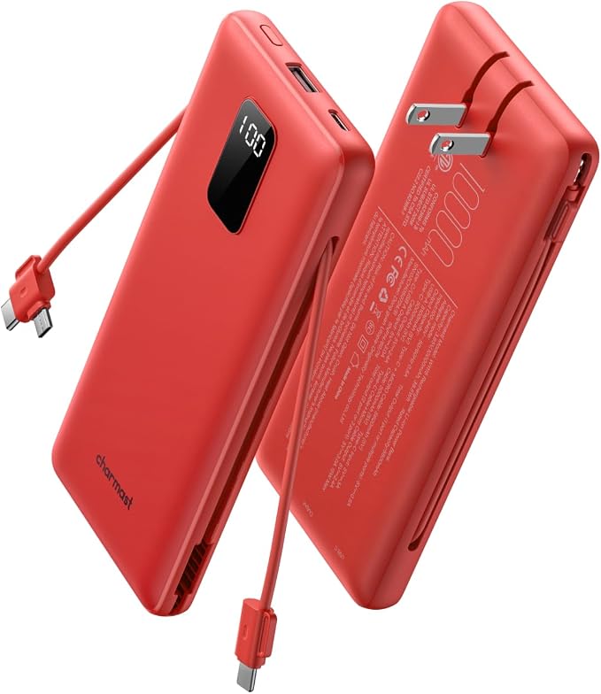 charmast Portable Charger Power Bank 10000mAh with Built-in AC Wall Plug | Built-in Cables,5 Outputs,Flight-Safe,Slim Travel Phone Charger for iPhone 17 14,Samsung Galaxy,iPad,Android,Smartwatch,etc by charmast