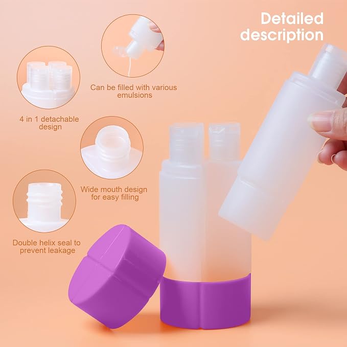 Olatay Travel Bottle, TSA approved 4-in-1 Leak-Proof Bottle, 4 * 60ml/2oz, with 2 Pre-printed Labels for Travel Gym Camping, Carry-On Travel Size Toiletries Shampoo Lotion Bottle for Women Men(Purple) - Image 3