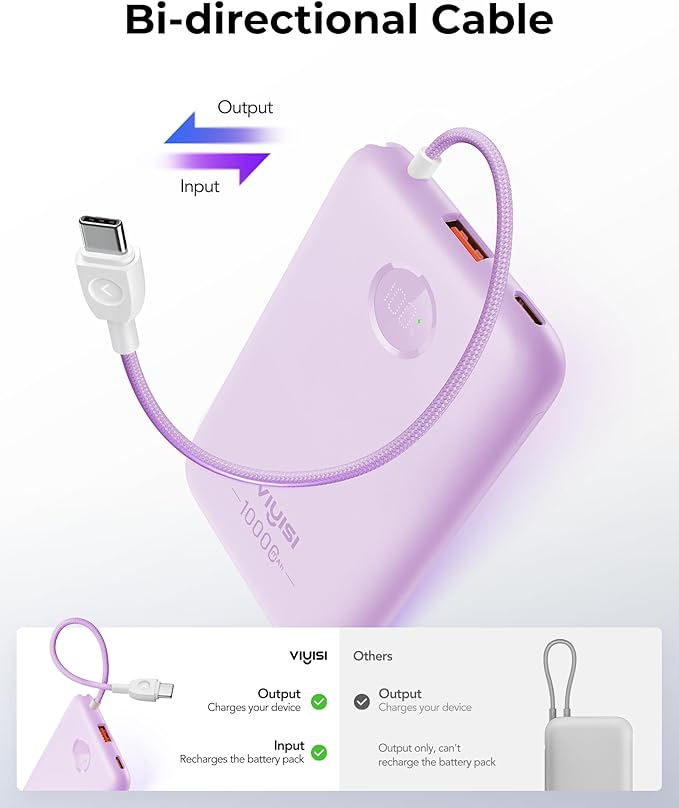 VIYISI 0.58” Slim Portable Charger Small 10000mAh with Built-in USB C Cable | 20W Compact Power Bank Fast Charging Battery Pack Stylish Travel Essential for iPhone 17 16 15 Samsung S25 A16 Android-Purple - Image 5