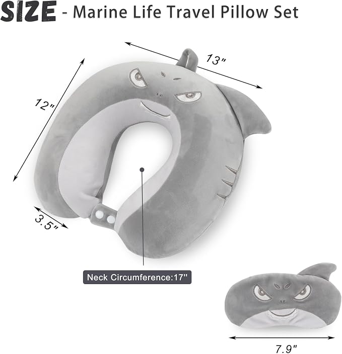 Travel Pillow, Kids Travel Pillow with Sleep Eye Mask Soft Memory Foam Kids Neck Pillow for Boys & Girls, Travel Accessories for Car Airplane Traveling - Shark - Image 2