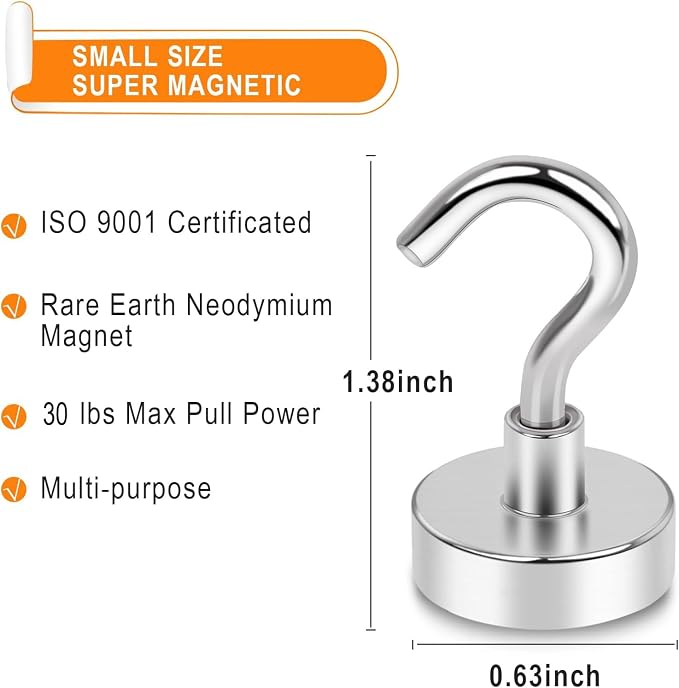 30LB Magnetic Hooks N52 Strong Neodymium Magnets Hook | Heavy Duty for Refrigerator Extra Cruise Hook for Kitchen Classroom Workplace Grill 28PCS - Image 5