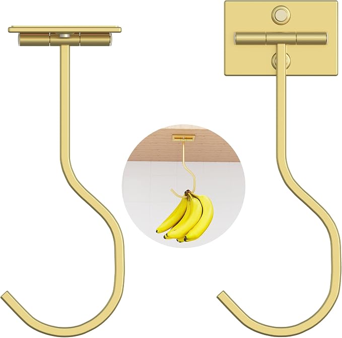 bussdis Adhesive Banana Hook Under Cabinet: 2-Pack Foldable Metal Banana Hanger, Space-Saving Under Counter Banana Holder for Kitchen & RV, Gold | Foldable Banana Hanger, Metal Banana Holder, Hold 20 Bananas, Space-Saving Design, Folding with Magnets W... - Image 9