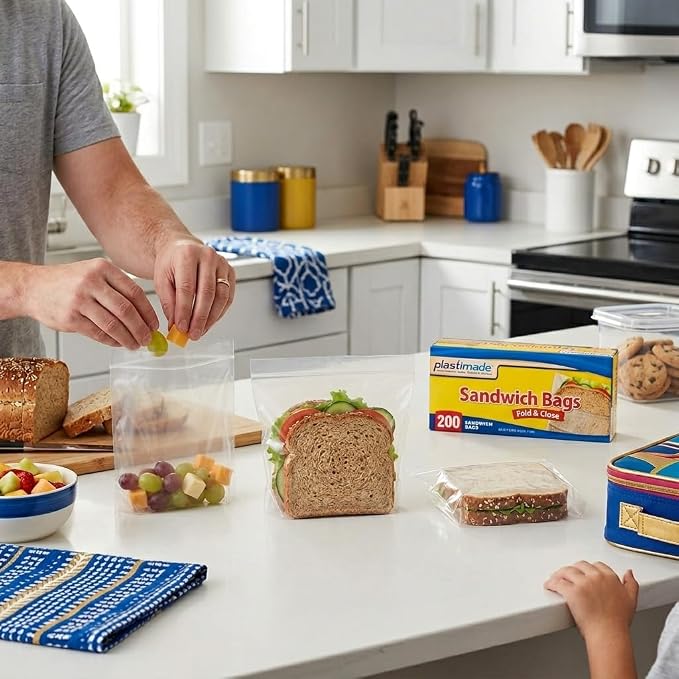 Sandwich Bags With Fold & Close Top (6.5 in X 5.5) in 200 Count Pack of 4 | Flip flap closure for school snacks, produce & portion control; no zipper design, easy open for kids, work & meal prep - Image 3
