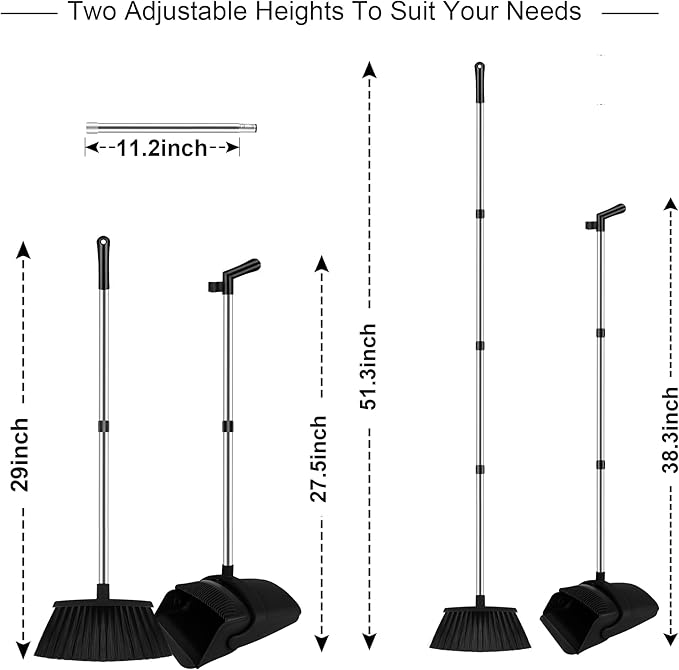 Black Broom and Dustpan Combo Set, 51" Long Handle Broom | Hands-Free Pet Hair Cleaning, Built-in Comb Dustpan, Space-Saving Storage, Multi-Surface Use for Home, Kitchen & Office - Image 2