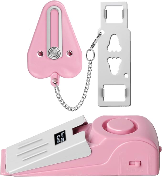 Portable Door Lock & Door Stop Alarm Set, Dual Protection Home Security Door Kit, Travel Hotel Door Lock Devices Pocket Self Defensey Tools for Traveling Hotel Home Apartment,Pink by HNHMT