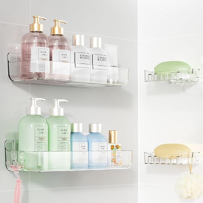 Crystal-Clear Shower Caddy with Soap Dish & Adhesive Pads, 2 Pack | Acrylic Wall Mounted Shower Shelves for Bathroom Organizers and Storage, No Drill for Bathroom Decor by Sotfamily