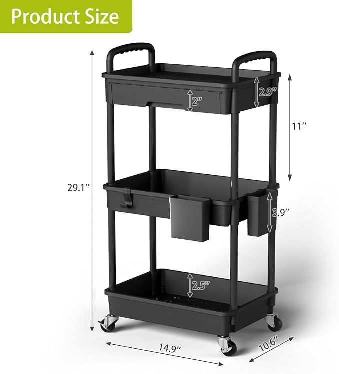 Sorgion 3 Tier Rolling Cart Organizer,Laundry Room Bathroom Organizers and Storage Office Shelves Mobile Shelving Unit Kitchen Trolley Cart with Wheels for Art,Craft,Diaper,Bedside,Snack(Black) - Image 3