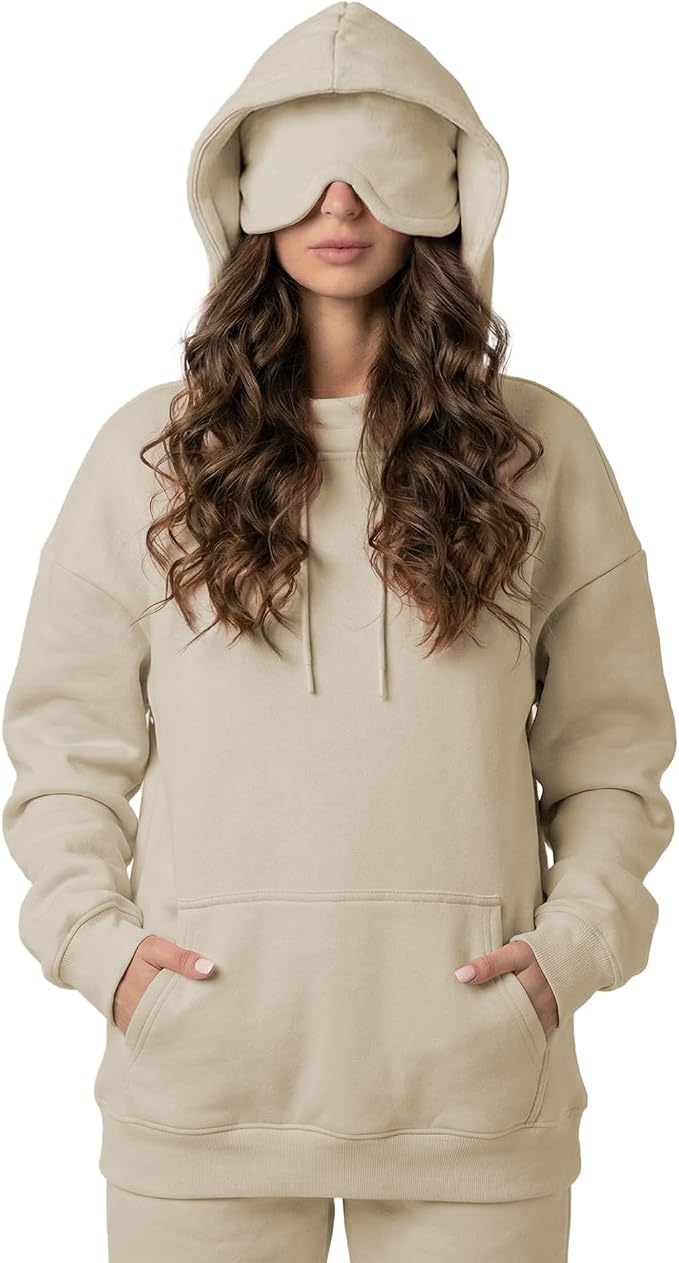 Ainangua Womens Oversized Pullover Essentials Hoodie with Eye Mask Comfor Airplane Mode Travel Office Vacation Sweatshirt by Ainangua