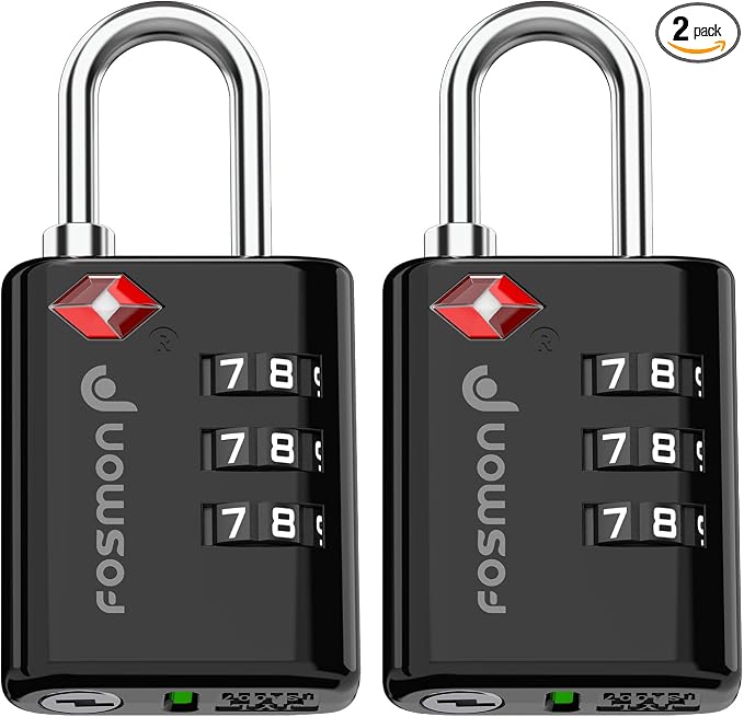 Fosmon TSA Approved Locks for Luggage. Suitcase Locks with Open Alert Indicator, 3 Digit Combination Padlock with Alloy Body for Travel, Backpack Zipper Anti Theft, Locker, Gym, Tent- Black, 2 Pack by Fosmon