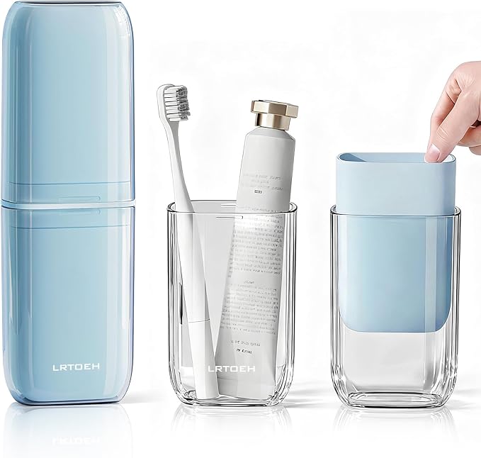 4-in-1 Toothbrush Travel Cup, Portable Toothbrush Container | Multi-functional travel cup, for family camping business trip, separates into 4 cups with cover, lightweight, blue by LRTOEH