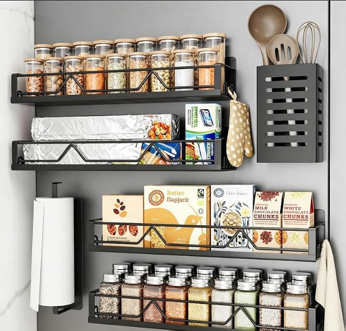 Mystozer 16.9 Inch Wide Large Capacity Magnetic Spice Rack for Refrigerator,6 Pack Metal Fridge Shelf Spice Rack Organizer Refrigerator Organizer Kitchen Spice Organizer Spice Storage(Black) by Mystozer