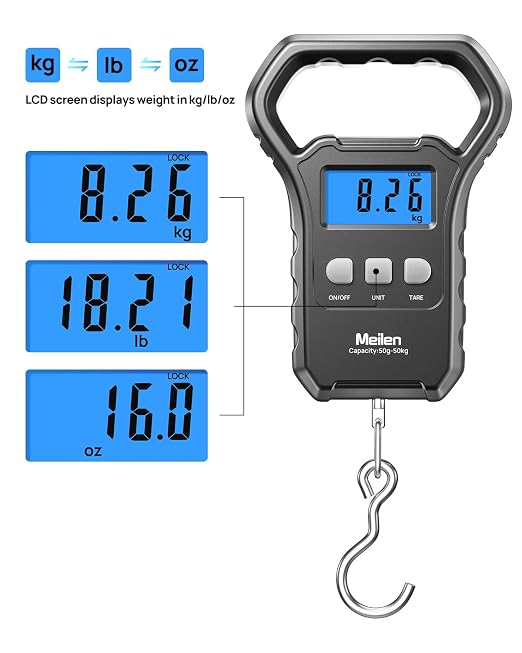 Meilen Fishing Scale,110lb/50kg Hanging Luggage Weigh Scale Unit with Backlit LCD Display, Suitcase Luggage Weigh Divice with Large Handle, Digital Postal Unit Fishing Gifts for Men - Image 2