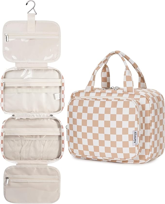 Narwey Hanging Toiletry Bag for Women Travel Makeup Bag Organizer Toiletries Bag for Travel Size Essentials Accessories Cosmetics (Light Checkerboard (Medium)) by Narwey