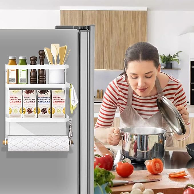 Magnetic Spice Rack for Refrigerator White Magnetic Paper Towel Holder for fridge Magnetic Shelf Magnetic Shelves Fridge Magnet Organizer Spice Rack Kitchen Organization Kitchen Storage - Image 5