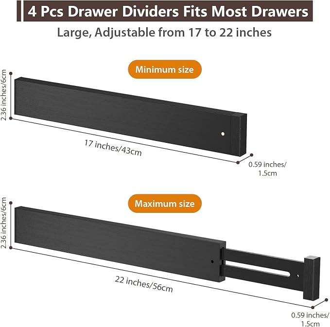 4 PCS Drawer Divider, 17"-22" Adjustable Bamboo Drawer Dividers Organizers, Expandable Separators for Kitchen, Clothes, Dressers, Home, Office, Black - Image 2