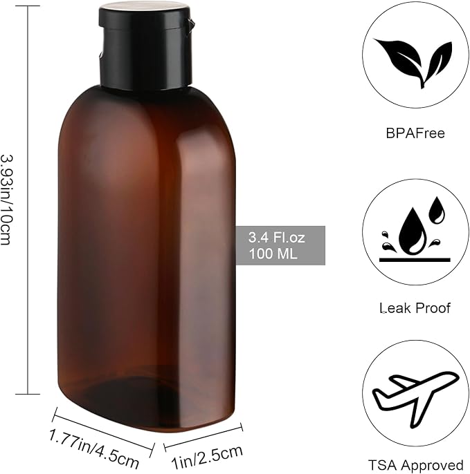 Cosywell 6pcs 3.4oz TSA Approved Brown Travel Bottles for Toiletries | Travel Shampoo Bottles, Leak Proof, Empty Lotion Containers, with Flip Cap, Small Plastic Squeeze Bottle - Image 3