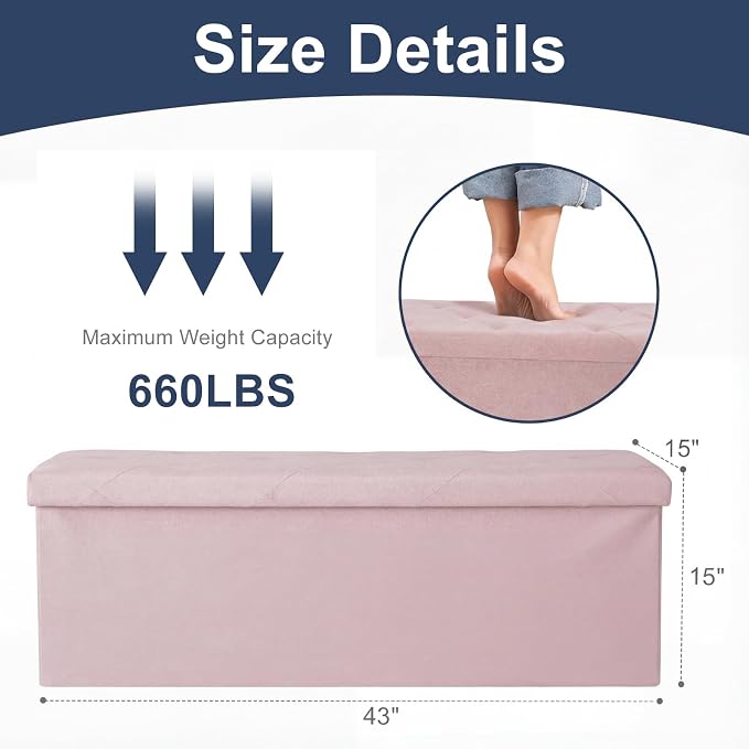 DUMOS 43 Inch Folding Storage Ottoman Bench, Large Ottoman with Storage | Storage Chest with Thicker Foam Padded Seat, End of Bed Foot Rest Stool for Bedroom Living Room Entryway, Load 660 lbs, Pink - Image 3