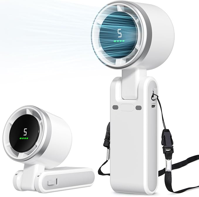 Portable Fan, Mini Fan, Handheld Turbo Fan, Portable Rechargeable Fan, 5-Speed, LED Display, Foldable Design (White) by Unknown