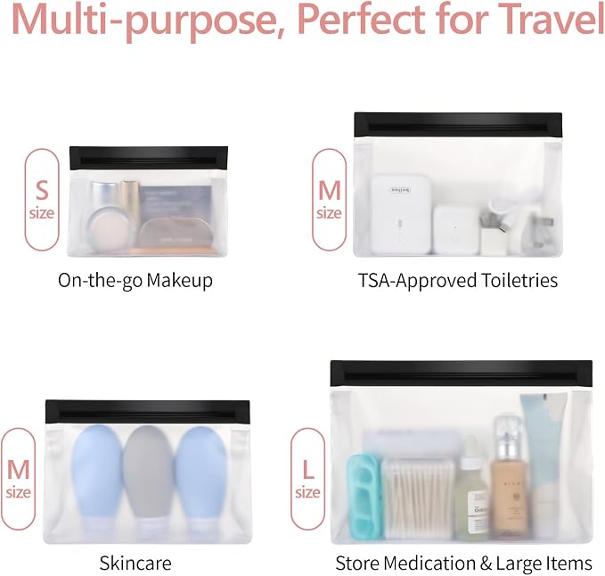 Clear Makeup Bag Travel- TSA Approved Toiletry Bag, 2L+2M, Black | Sturdy Food-Grade PEVA, Leakproof & Sealed, Reusable with Flat Bottom, Medium for Quart Carry-On, Large Checked-Luggage - Image 9