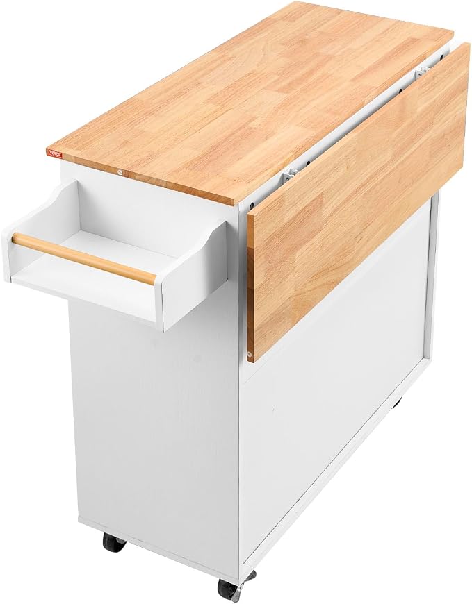 VEVOR Kitchen Island Cart with Solid Wood Top, 35.4" Width Mobile Carts with Storage Cabinet, Rolling Kitchen Table with Spice Rack, Towel Rack, Drop Leaf and Drawer, Portable Islands on Wheels, White | For Home Cooking, Space Saving Drop Leaf For Extr... - Image 10