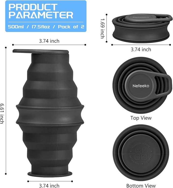 Nefeeko Collapsible Water Bottle, BPA Free Silicone Foldable Water Bottles | 17oz(500ml) Reuseable Water Bottles for Travel Gym Camping Hiking, Portable Leak Proof Sports Water Bottle with Carabiner - Image 2