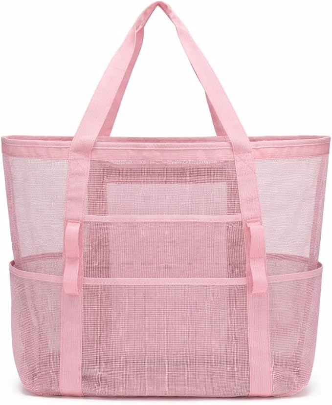 Mesh Beach Tote Bag Large Capacity Pool Gym Laundry Tote Foldable with Pockets Lightweight Travel Bag by HEROWORLD