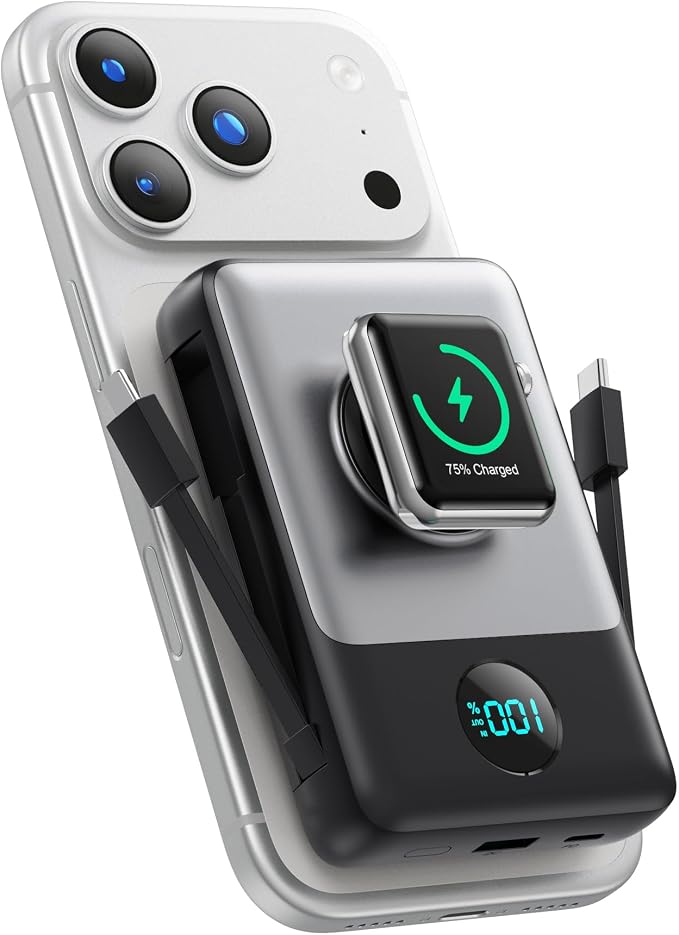 Magnetic Portable Charger 10800mAh with Built-in Cables,Wireless Power Bank for Magsafe,25W PD Fast Charging USB-C Travel Essentials Battery Pack for iPhone 17/16/15/14/13/12 Series,Apple Watch-Black by HETP