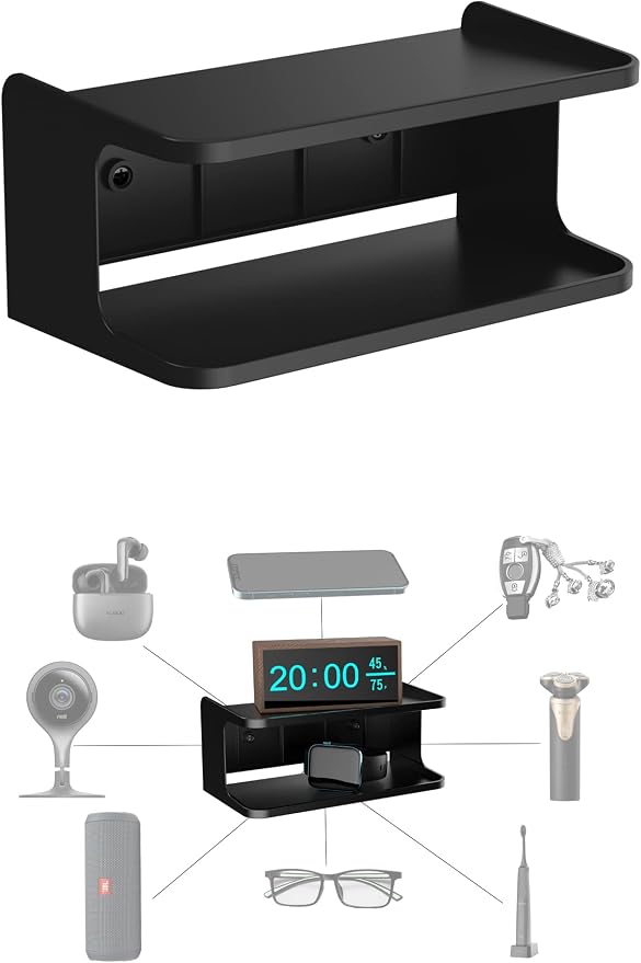 Bedside Wall Shelf Organizer, Small Bedside Shelf, (Black) | Wall Mount for Bed, Stick on Wall Shelf, Double Tray Holder for Storing Cellphone, Glasses, Keys, Camera , Alarm Clock by NOTMBESTM