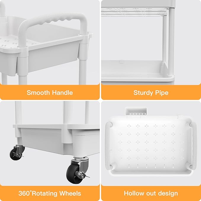5 Tier Rolling Utility Cart with Handle,REBECAT Utility Cart Made of Multifunctional Storage Organizer Tool for Kitchen,Bathroom,Living Room,Office(White) - Image 2