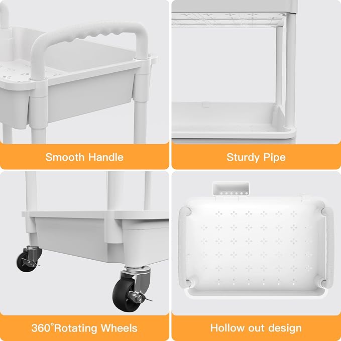 4 Tier Rolling Utility Cart with Handle,REBECAT Utility Cart Made of Multifunctional Storage Organizer Tool for Kitchen,Bathroom,Living Room,Office(White) - Image 2