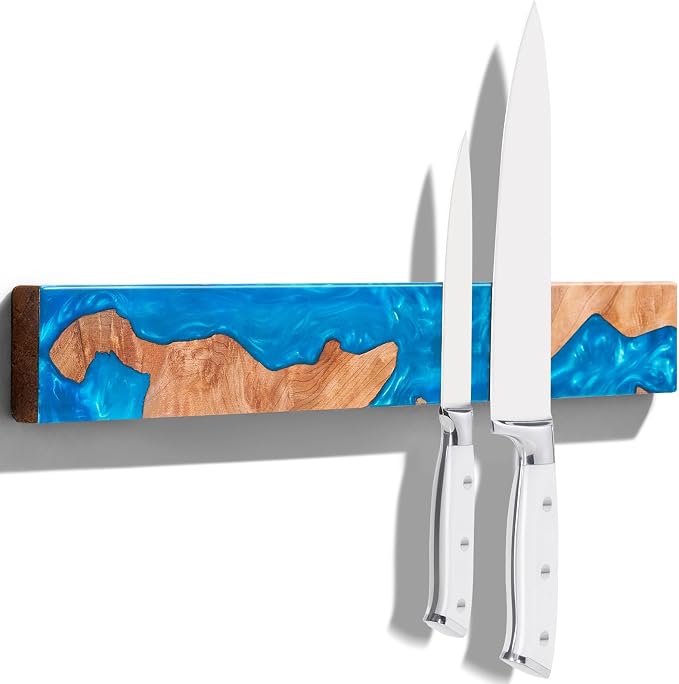 Magnetic Knife Holder for Wall 16 Inch, Acacia Burl Wood & Blue Resin Magnetic Knife Strip Bar, Powerful Magnet Kitchen Knife Storage Rack, Space-Saving Wall Mounted Organizer by ENOKING