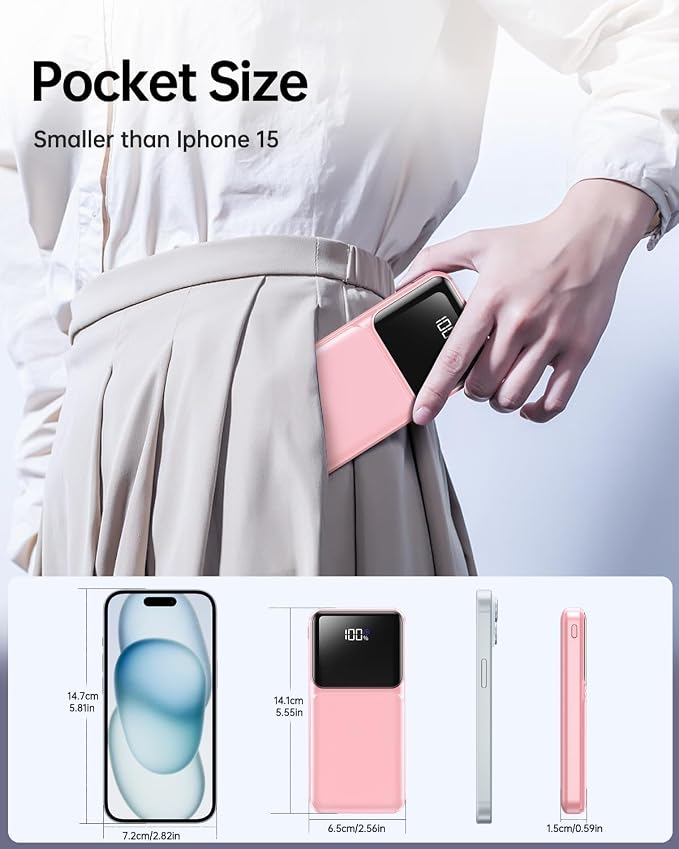 Portable Charger with Built in Cable 20000mAh Fast Charging | Power Bank USB C Slim 22.5W LED Display Battery Pack 5 Outputs & 3 Inputs for Travel Essentials iPhone Samsung Phones Pink - Image 6